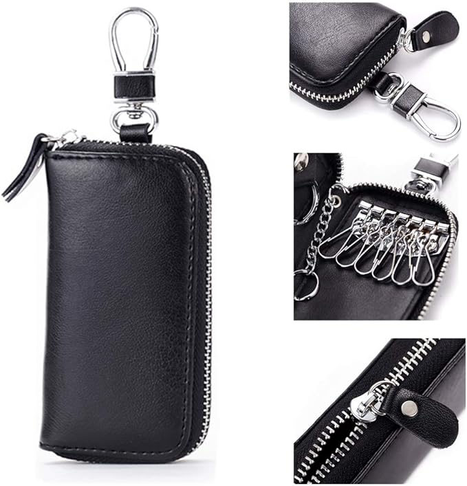 Genuine Leather Key Holder Bag with 2 Card Slot & 6 Hooks & 1 Access Card,Key Case Car Key Holder Wallet for Men Women