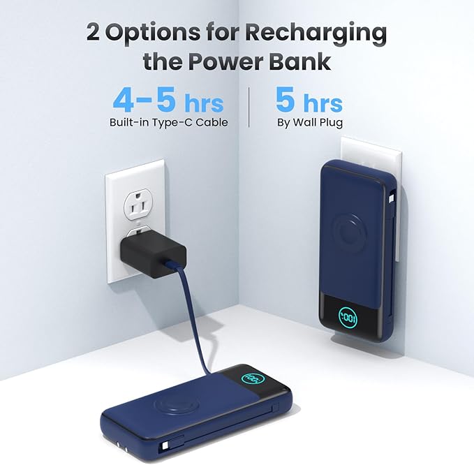 Portable Charger for iPhone with Built-in Cables and AC Wall Plug,26800mah Fast Charging USB C Power Bank,25W PD Travel Essential Battery Pack for iPhone 17/16/15/14/13,Galaxy,Apple Watch (Blue)
