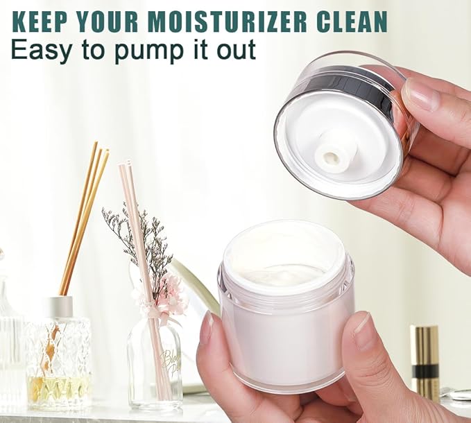 Airless Pump Jar, 1 oz Airless Pump Bottles, Travel Lotion Container – Vacuum Dispenser for Cream – Leak-Proof TSA-Friendly Design Keeps Cream Fresh – Multi-Purpose for Lotion, Sunscreen (2 Pack)
