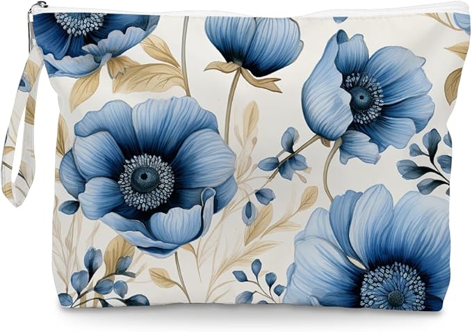 Fokongna Floral Print Wet Bag, Small Portable Waterproof Multi-Functional Organizer for Women, Ideal for Daily, Beach & Travel, Indigo Blue Anemone