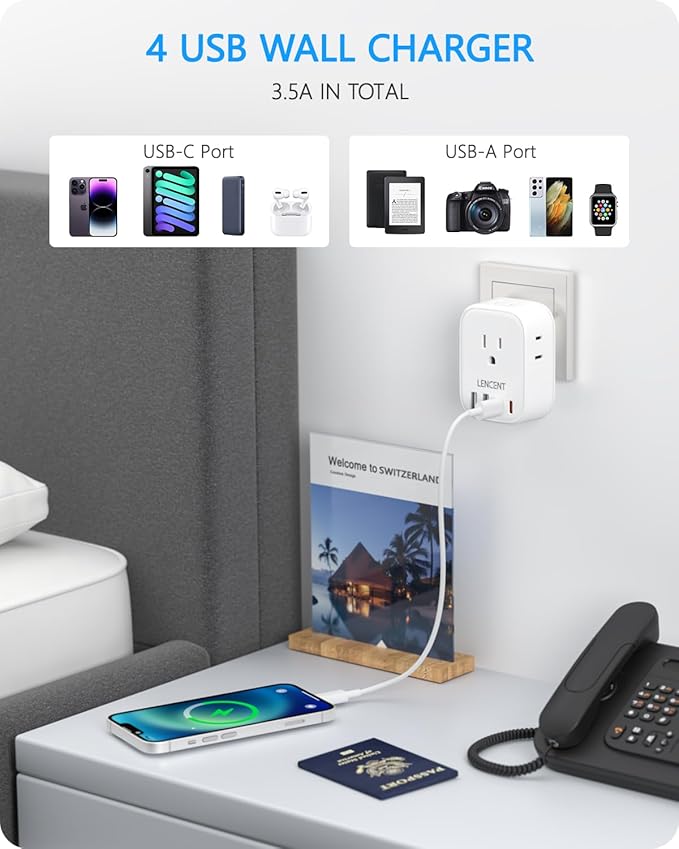 LENCENT Switzerland Travel Plug Adapter, Swiss Power Adaptor with 4 American Outlets, 4 USB Ports(2 USB C), Type J Plug Converter for US to Switzerland, Liechtenstein, Rwanda, Safe Grounded