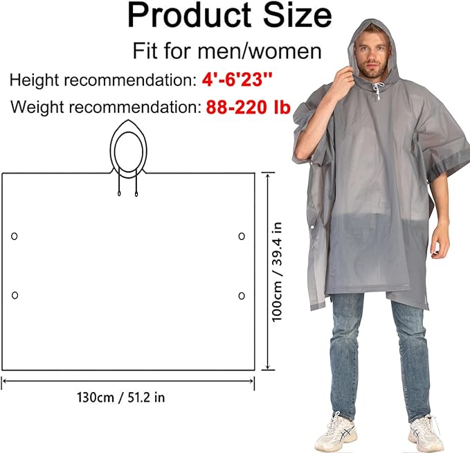Rain Ponchos for Adults, 2 Pack Raincoats Jacket Reusbale with Drawstring Hood Sleeves for Women Men