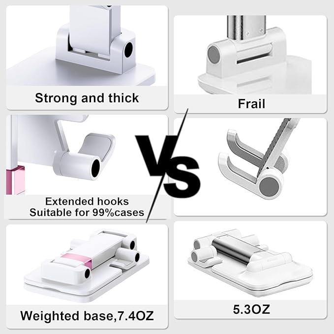 Phone Stand for Desk, Cell Phone Holder Adjustable Office Cellphone Stand for Desk Adjustable Tablet Stands Compact Design for iPhone iPad Android Devices Under 12", White