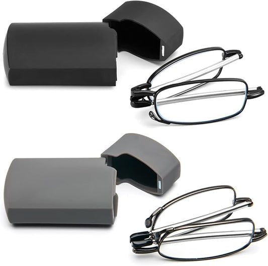 2 Pack Folding Reading Glasses Stainless Steel Mini Anti-Blue Light Blocking Reader for Men Women