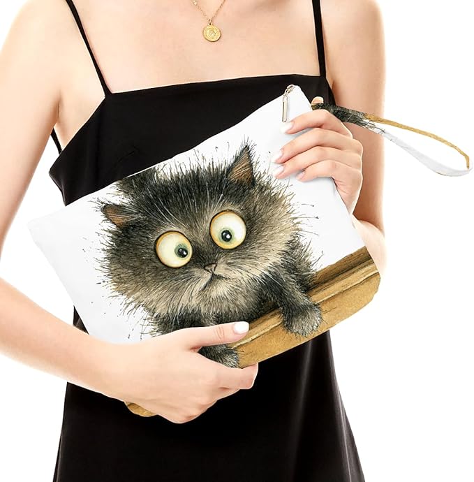 Fokongna Cute Print Wet Bag, Small Portable Waterproof Multi-Functional Organizer for Women, Brown Wooden Plank Grey Cat, Ideal for Daily, Beach & Travel