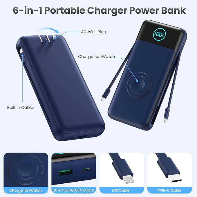 Portable Charger for iPhone with Built-in Cables and AC Wall Plug,26800mah Fast Charging USB C Power Bank,25W PD Travel Essential Battery Pack for iPhone 17/16/15/14/13,Galaxy,Apple Watch (Blue)