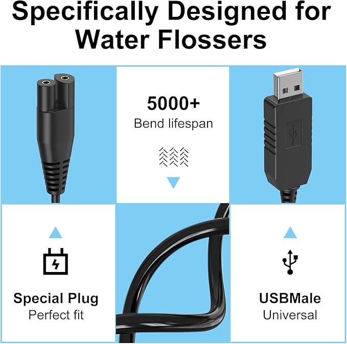 Charger Cord Replacement for Waterpik Water Flosser WP360 WP462 WP450 WF13 WP100 Water Flosser, USB Charging Cable (Black)