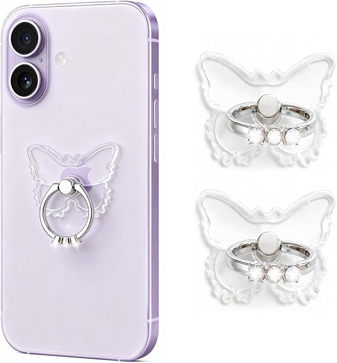 2PcsTransparent Phone Ring Holder Grip, Clear Butterfly Cell Phone Ring Holder Stand with Diamonds,360°Rotation Finger Grip Ring Kickstand Compatible with Most Smartphones,Tablets and Case