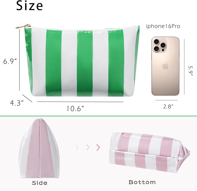 Large PVC Waterproof Striped Makeup Bag,Clear Coated Cosmetic Bags,Easy to Clean,Travel Organizer Zipper Pouch Beach Vacation Essentials for Women Girls(03Green)