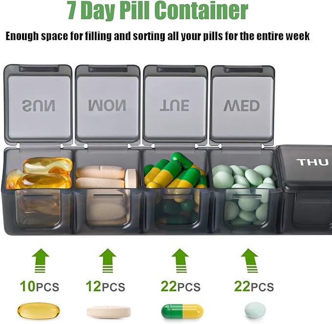 2 Pack Weekly Pill Organizer, Large 7 Day Pill Case, Daily Vitamin Case Medicine Box, AM/PM Pill Containers for Medicine Supplements Fish Oil (Khaki & Black)