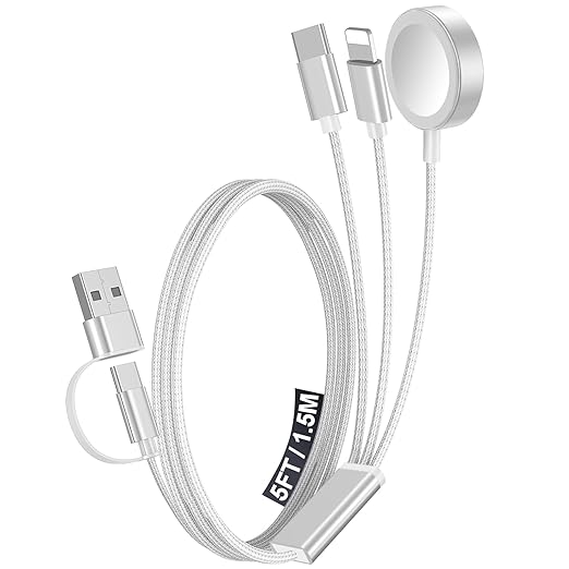 1Pack Multi Charging Cable Cord for Travel Essentials,Apple Watch Charger,iPhone Charger,[3-in-2] Type C/Lightning Cable Portable Designed for iWatch,iPhone 17-8,Galaxy S25-21,AirPods,iPad-1.5M White