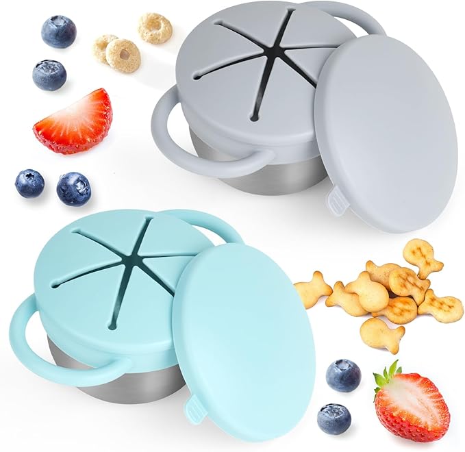Daximo 2 Pack Snack Cups for Toddlers Spill Proof - Detachable Stainless Steel Toddler Snack Cups with Silicone Lids & Handles - Dishwasher Safe Snack Container(Light blue and Light grey)