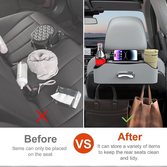 Back Seat Cup Holder for Car – Multifunctional Seat Back Organizer with Drink Holders, Tissue Box Storage & Hooks, Fits Headrest for Auto. (Gray)