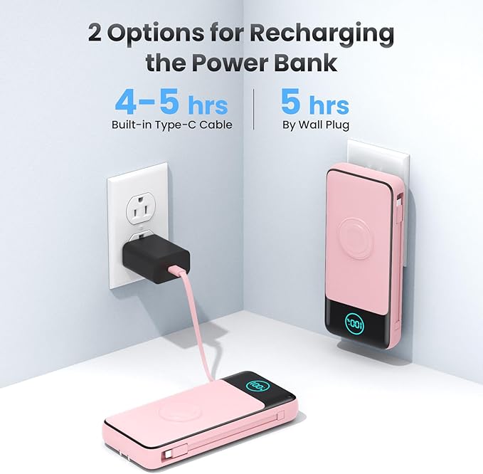 Portable Charger for iPhone with Built-in Cables and AC Wall Plug,26800mah Fast Charging USB C Power Bank,25W PD Travel Essential Battery Pack for iPhone 17/16/15/14/13,Galaxy,Apple Watch (Pink)