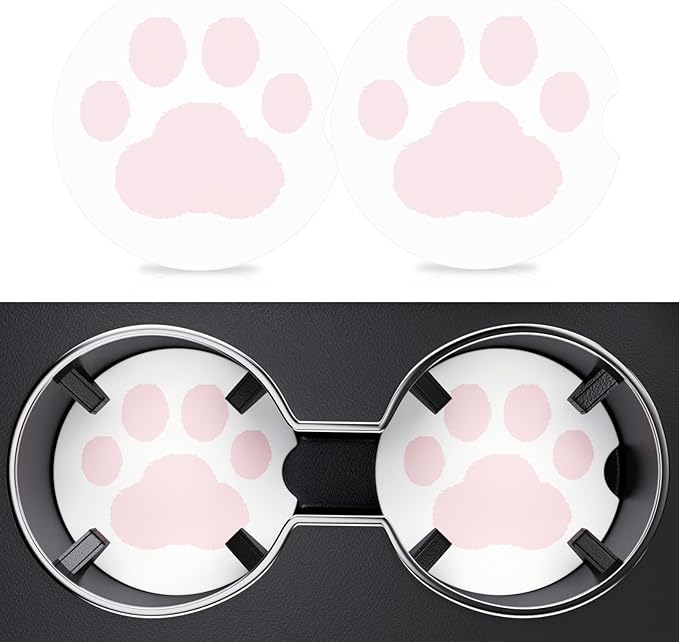 2 Pack Car Cup Holder Coaster, 2.63 inch Anti Slip Insert Absorbent Ceramic Car Coaster with Cork Base and Finger Notch, Cute Car Accessories Interior for Women, Cute Car Coasters., CH0025
