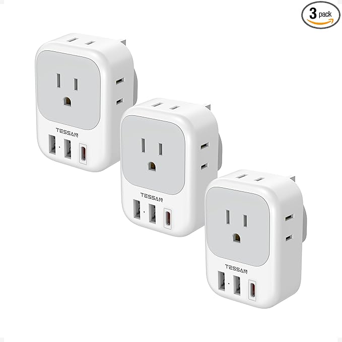 Type G Adapter for Travel 3 Pack, TESSAN US to UK Plug Adapter with 4 Outlets 3 USB Ports (1 USB C 20W), Ireland Power Adaptor for USA to England London Scotland Dubai Singapore Hong Kong British UAE
