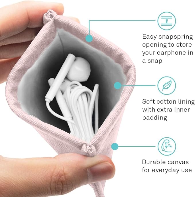 UT Wire Pocket Snap & Store Earphone Case Pouch, Pale Pink with Solid Grey Interior