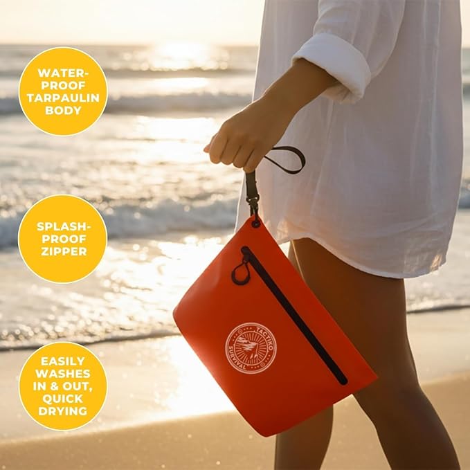 Tactiko 3L Water Resistant Pouch - Waterproof Material w/Splashproof Zipper - Hold All Zipper Bag for Storage, Toiletries, Travel, Beach, Cruise, Home (Red)