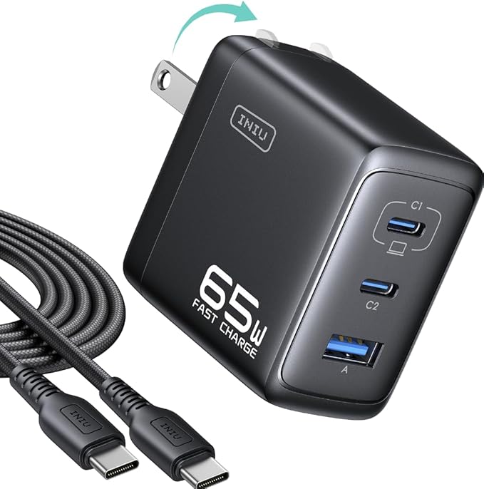 INIU 65W USB C Charger Block, 3-Port GaN Fast Charging Adapter with 100W Cable & Advanced Protection, Foldable Travel Charger for iPhone 17 16 15 Pro Max, iPad, Samsung S26 S25 Ultra, Pixel eReaders
