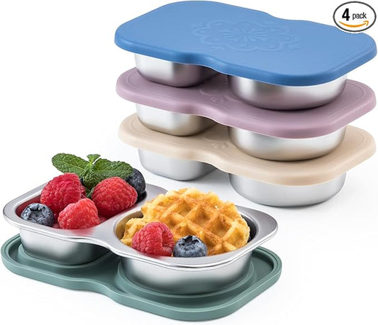 VITEVER 4 Pack Small Stainless Steel 2-Compartment Snack Containers with Lids, Reusable Snack Pack Containers, Lunch Box Accessories,Double Compartment Salad Dressing Containers to Go, 5.3oz