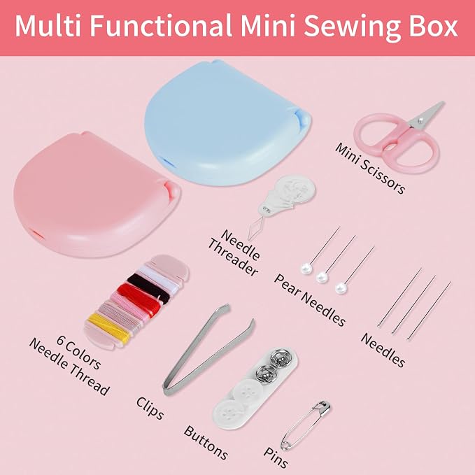 2 Pcs Mini Travel Sewing Kit,Handheld Sewing Machine Professional Portable Needle and Thread Kit Purse Mini Essentials Materials with Scissors,Threads,Needles(Soft Pink,Soft Blue)