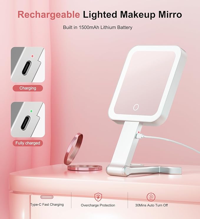 Travel Makeup Mirror with Lights 10X/1X Double-Sided Magnifying LED Beauty Mirror Rechargeable Portable Vanity Mirror with 3 Color Lighting Smart Touch Dimming Desktop Handheld Hanging (Silver)