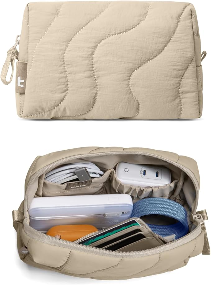 tomtoc Electronics Organizer Travel Case, Soft Puffy Organizer Bag Birthday Gifts Travel Essentials for Women Girls, Portable Accessory Tech Pouch Storage for Charger, Cord, Cable, Phone