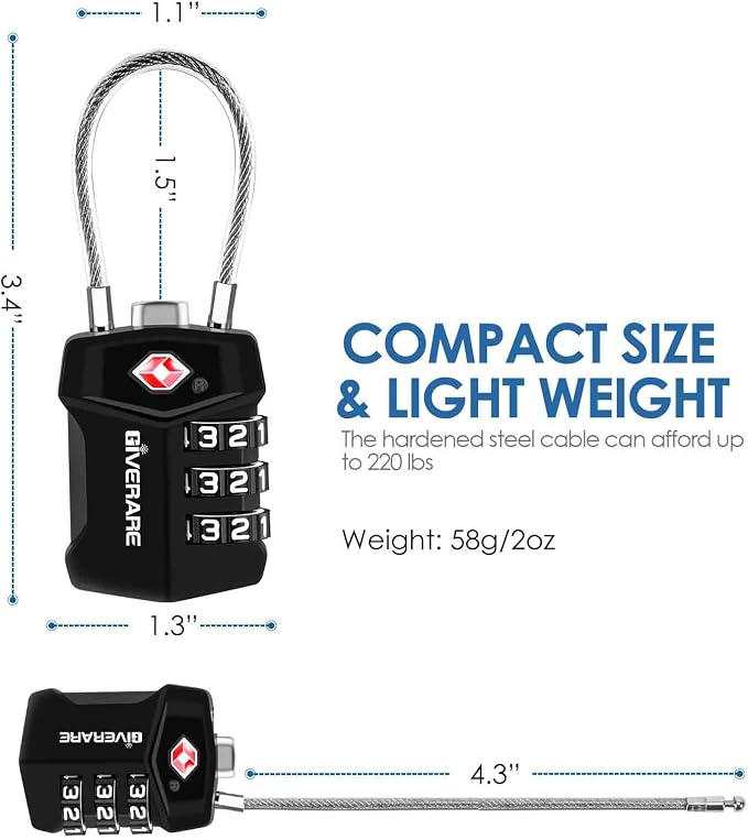 2 Pack TSA Approved Travel Luggage Locks, Cable Combination Lock Alloy, Metal Keyless 3-Digit Padlocks, Weatherproof TSA Accepted Padlock for Gym Locker, Golf Bag Case, Backpack, Black-by GIVERARE