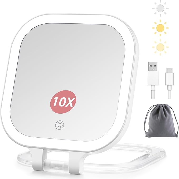 DESCHEN Travel Makeup Mirror with Lights, Rechargeable 1X/10X Magnifying Vanity Mirror, 7" Portable Lighted Makeup Mirror with Magnification & 3 Color Light, Dimmable Touch Screen, Folding LED Mirror