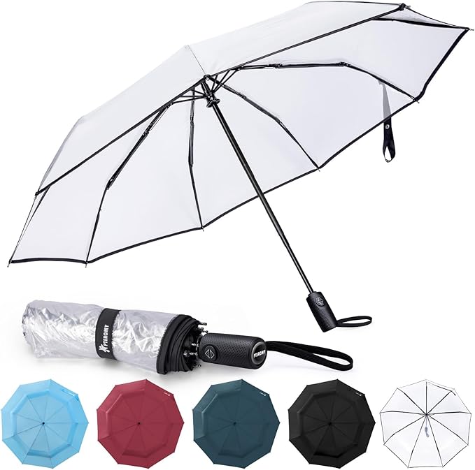 PTEROMY Windproof Travel Umbrellas for Rain and Sun, Withstands 85MPH Winds Auto Open Close Folding Umbrella with Ergonomic Handle, Quick Dry Canopy for Commuting or Backpack