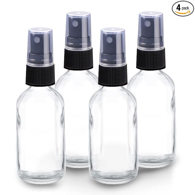 Wedama 4 oz Mini Glass Spray Bottles, Empty Small Spray Bottles with Funnel Dropper, Fine Mist for Hair, Travel, Plants, Cleaning Solutions and Skin Care (4 Pack Clear)