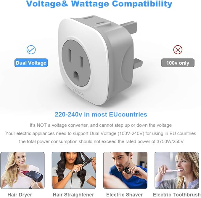 3 Pack UK Ireland Travel Plug Adapter, VINTAR International Power Adaptor with 2 American Outlets, 2 in 1 European Plug Adapter for USA to British England Scotland Irish London Hong Kong (Type G)