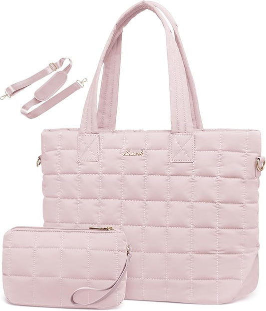 LOVEVOOK Laptop Tote Bag for Women, 15.6 Inch Large Puffer Work Computer Tote Bags for Teacher Nurse, Quilted Women's Purse Tote Shoulder Handbags with Zipper for Travel College Office Gym, Pink