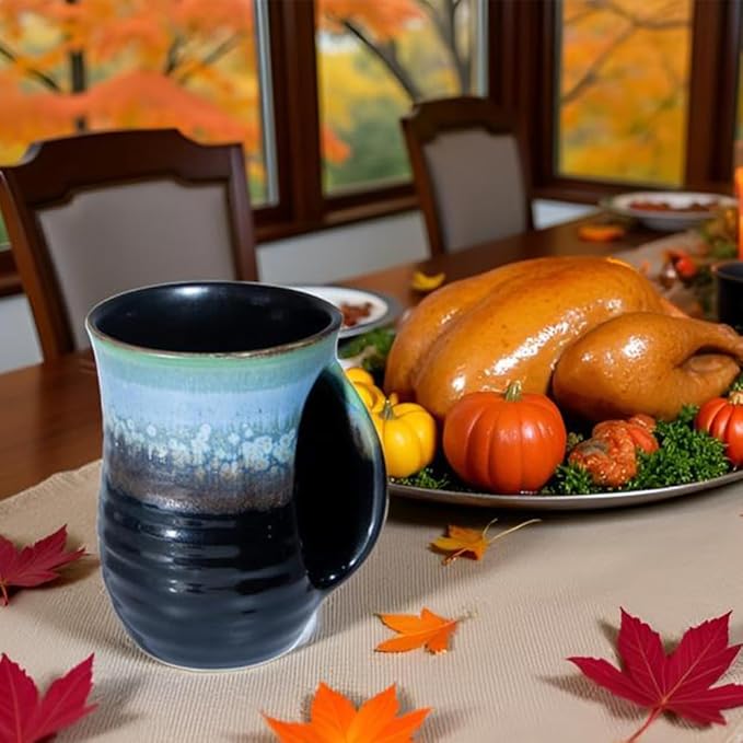 Hand Warmer Mug for Coffee - 16 Ounce Large Hand Warming Mugs Handmade Pottery Ceramic Gift for Thanksgiving Christmas with Contoured Pocket, Keep Your Fingers Warmth, Right Handed, Blue