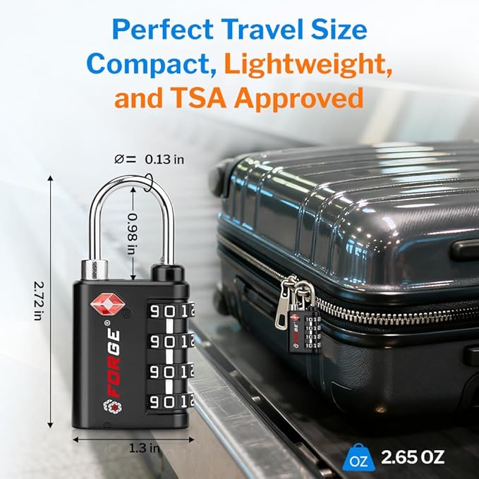 Forge Dual-Opening: Key or Combination Lock, TSA Approved Lock for Luggage, Pelican case, Travel, Gym, School, Luggage Combination Lock, Travel Bag Lock (Black 4 Locks and 2 ID)