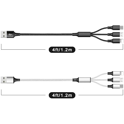 Multi USB Charging Cable 3A, 3 in 1 Fast Charger Cord Connector with Dual Phone/Type C/Micro USB Port Adapter, Compatible with Tablets iPhone 14 13 12 Pro 8 7 Samsung Galaxy (4FT/2Pack Charging Only)