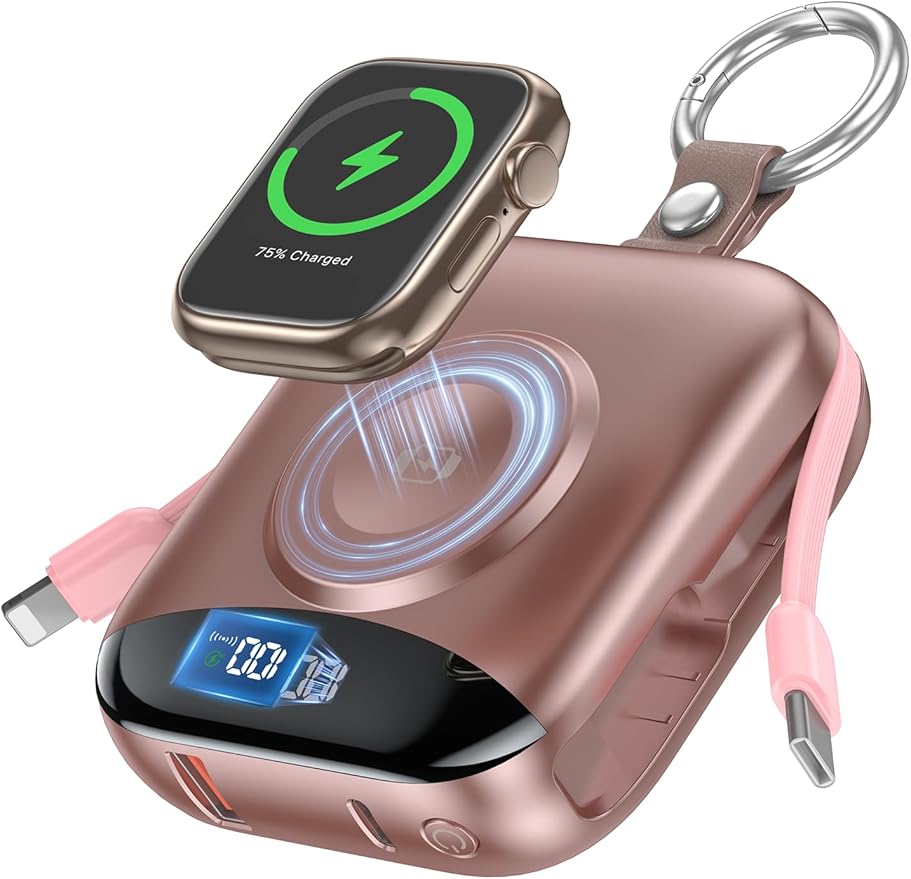 citicr Portable Charger, 10000mAh 22.5W Fast Charging Power Bank with Built-in Cables, Travel Battery Pack with LED Display for iPhone, Portable iWatch Charger for 11/10/9/8/7/6/5/4/SE/Ultra Rose