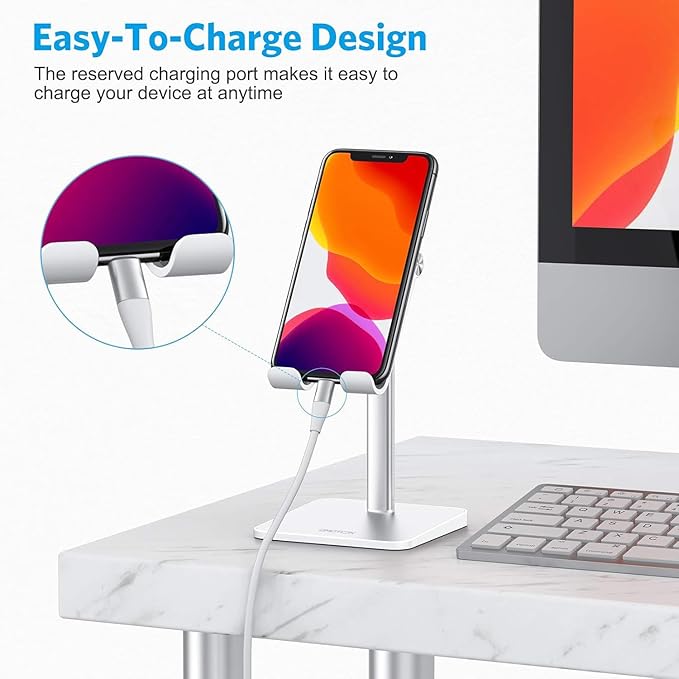 OMOTON Cell Phone Stand, Adjustable Angle Height Desk Phone Dock Holder for iPhone Air 17 Pro Max/Plus/XS/XR, Samsung Galaxy S20 / S10 / S9 / S8 and Other Phones (3.5-7.0-Inch)