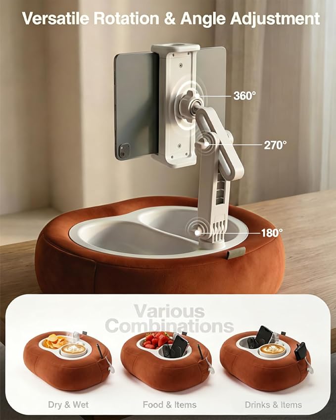 Miledi Tablet Pillow Stand, Compatible with 5"-12.9" Kindle, iPad, Phone/Tablet, 360° Rotating Phone Holder for Bed, Soft Plush Fabric, Detachable Bowl, Reading and Relaxation on Bed, Terracotta