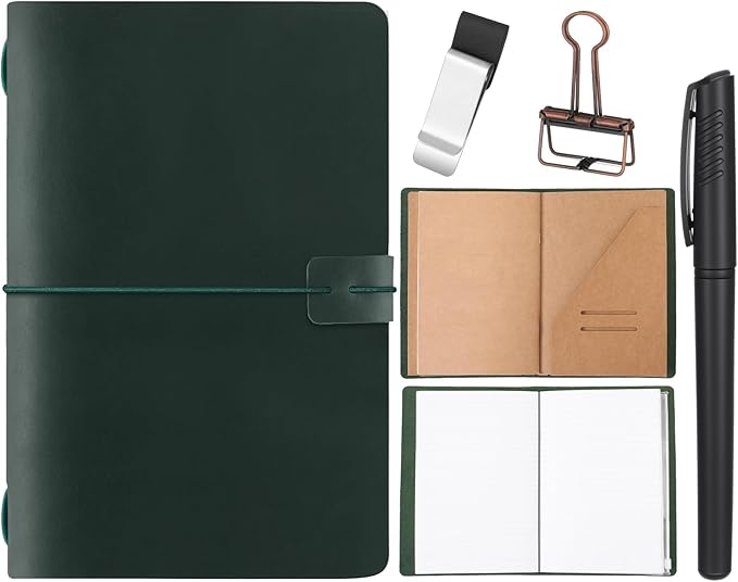Thenshop Travelers Refillable Leather Journal Notebook Travel Diary Handmade Passport Travelers Journal for Men and Women with 3 Notebook Inserts, Pen Holder, Binder Clip(Green,A5 Size)