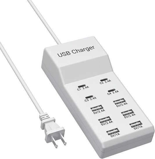 10-Port USB C Charger Block (6 USB-A Port & 4 USB-C Port), 50W10A Multiport Charger Hub for iPhone, Galaxy, iPad & More, 3.3FT