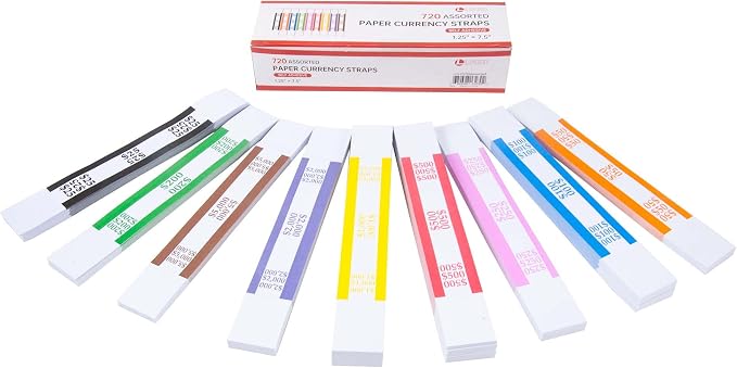 L LIKED Money Band Bundles Self Sealing Currency Straps for Bill Wrappers (9 Colors - 720 Assorted)