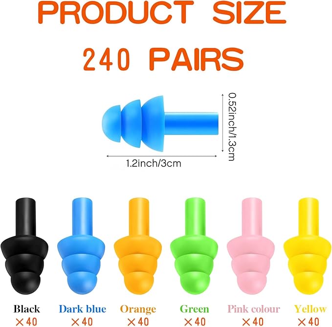 240 Pairs Ear Plugs for Sleeping Noise Cancelling,Silicone Ear Plugs Earplugs Super Soft Reusable Ear Plug for Sleeping Swimming, Snoring, Concerts, Shooters,Work, Noisy Places (6 Colors)