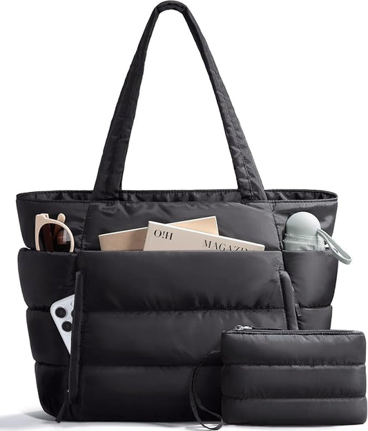 Bagstellar Puffer Tote Bag for Women, Lightweight Puffy Work Handbag Teacher Nurse Quilted Shoulder Bag for School Travel Gym | Cloud Bag w/ Zipper