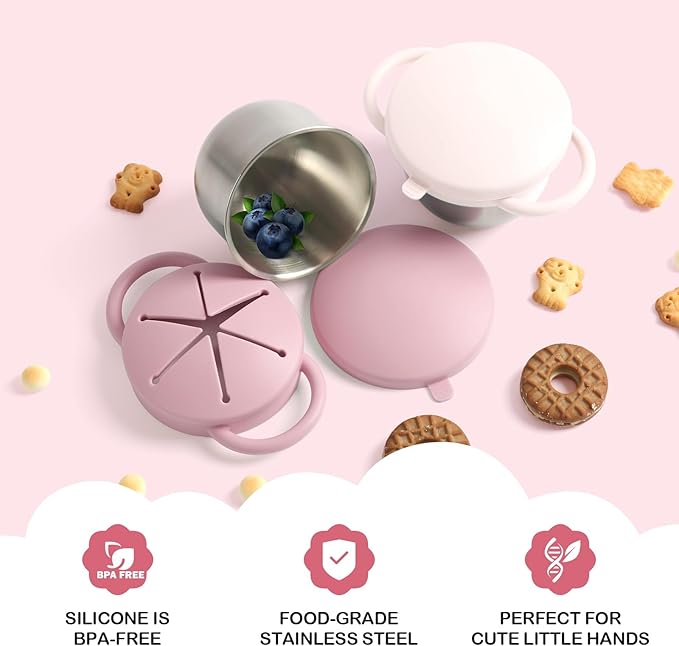 Daximo 2 Pack Snack Cups for Toddlers Spill Proof - Detachable Stainless Steel Toddler Snack Cups with Silicone Lids & Handles - Dishwasher Safe Snack Container(Matte Pink and Matte Off White)
