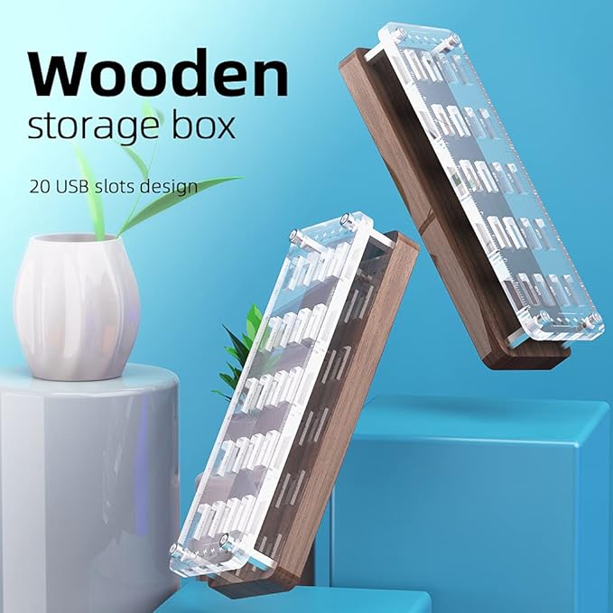 20 Slots Wooden Memory USB Flash Disk Card Case, TF Card Box and Micro SD Drive Card Holder Desk, U-Shield Memory Storage Racks