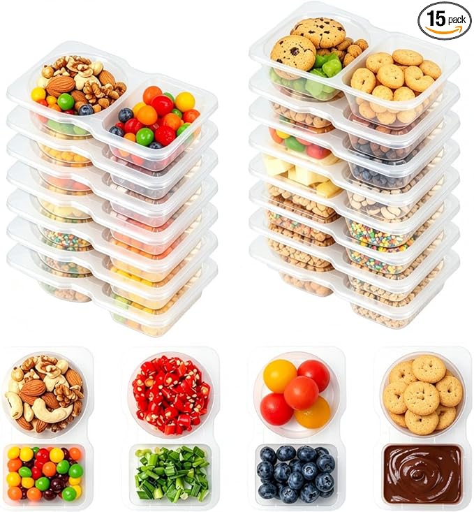 Husfunov 15 Set Reusable Snack Containers with Lids, 2-Compartment Snackle Box Container Portion Control for Kids, Meal Prep Containers for Travel School