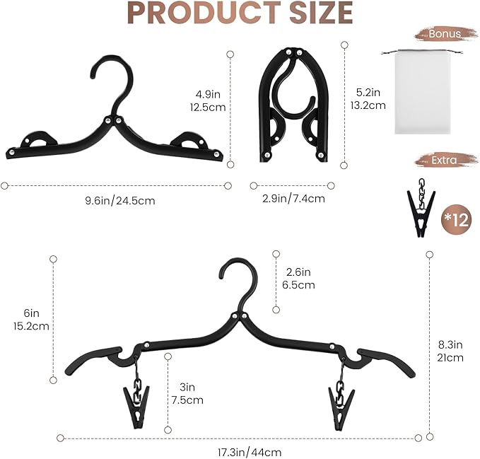 20 Pack Foldable Travel Hangers with 12 Clips - 2026 Cruise Essentials, Portable Collapsible Plastic Hangers-Travel Must Haves for Suitcase, Hotel, RV, Road Trip, Flying, Camping | Black