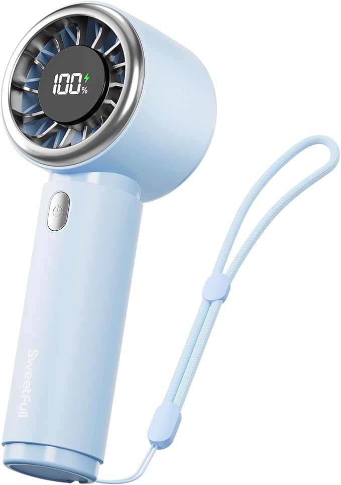 SWEETFULL Mini Fan Portable - Cute Handheld Turbo Fan with Rechargeable Battery, 5 Speeds, Small Hand Personal Travel Essentials for Women, Girls, Kids, Lash, Makeup - Light Blue