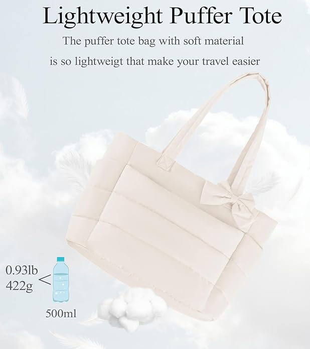Puffer Tote Bag for Women, Quilted Bow Tote Bag with Cup Holder & 15.6 In Laptop Compartment for Work, Travel, Gym, College